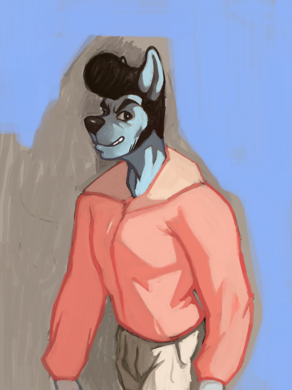2021 3:4 anthro blue_body blue_skin bottomwear canid canine canis clothed clothing digital_drawing_(artwork) digital_media_(artwork) ears_up hi_res j_(oc) jackal jacket jojobiz looking_at_viewer male mammal pants pink_clothing pink_jacket pink_topwear pompadour portrait pose shaded simple_background smile smirk solo standing topwear white_bottomwear white_clothing white_pants
