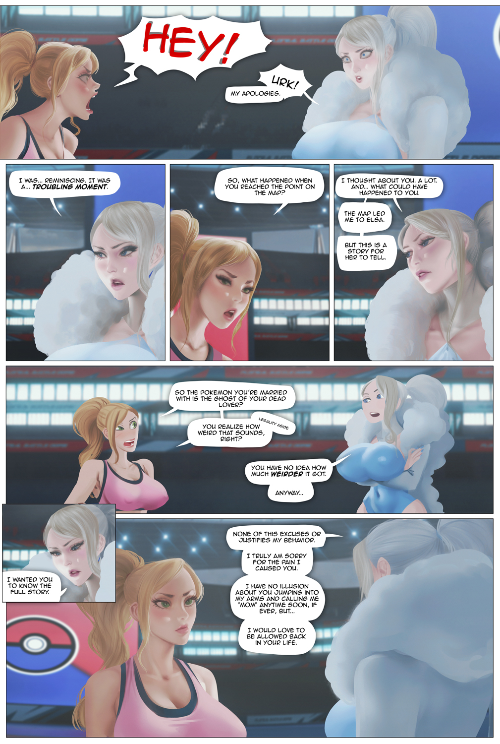 big_breasts blonde_hair breasts cleavage clothed clothing comic crossed_arms dialogue english_text female hair hi_res human mammal mature_female mother mother_and_child nintendo not_furry parent parent_and_child pok&eacute;mon text thekite video_games