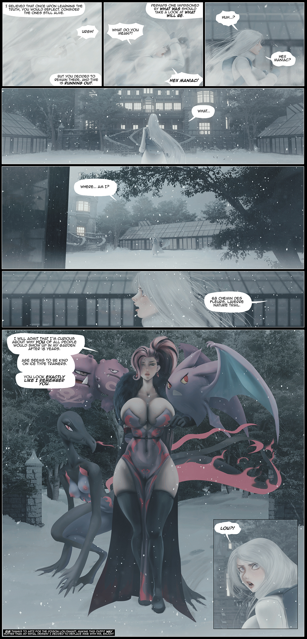 big_breasts breasts camel_toe cleavage clothed clothing comic crobat dialogue english_text female hi_res human legwear mammal membrane_(anatomy) membranous_wings nintendo plant pok&eacute;mon pok&eacute;mon_(species) salazzle snow snowing speech_bubble text thekite thigh_highs tree video_games weezing wings