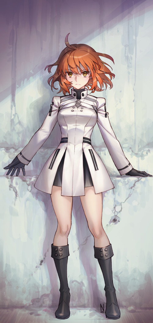 ahoge black_gloves boots closed_mouth command_spell decisive-battle_chaldea_uniform fate/grand_order fate_(series) fujimaru_ritsuka_(female) full_body gloves looking_at_viewer na222222 orange_hair serious short_hair solo v-shaped_eyebrows yellow_eyes