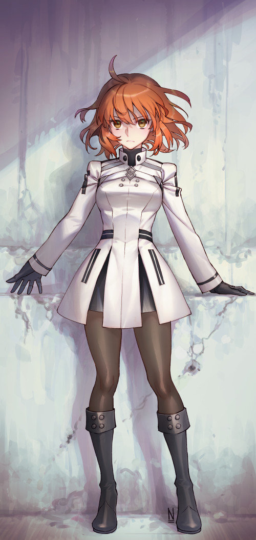 black_gloves boots closed_mouth command_spell decisive-battle_chaldea_uniform fate/grand_order fate_(series) fujimaru_ritsuka_(female) full_body gloves looking_at_viewer na222222 orange_hair pantyhose serious short_hair solo v-shaped_eyebrows yellow_eyes