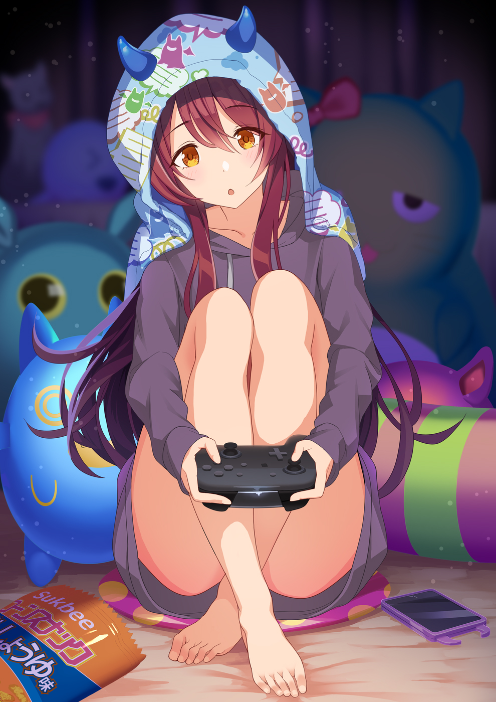 1girl :o ass bangs bare_legs barefoot blanket blurry blush brown_hair cellphone collarbone commentary_request depth_of_field drawstring eyebrows_visible_through_hair fake_horns grey_hoodie hair_between_eyes head_tilt highres holding holding_controller hood hood_down idolmaster idolmaster_shiny_colors knees_up light_particles long_hair long_sleeves looking_at_viewer oosaki_tenka orange_eyes parted_lips phone pillow sleeves_past_wrists smartphone solo thighs tomato_(madanai_the_cat)
