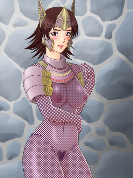 1girl armor blush body_stocking bodystocking breasts brown_eyes brown_hair crown erect_nipples female hall nipples pubic_hair sengoku_musou sengoku_musou_3 short_hair solo tachibana_ginchiyo