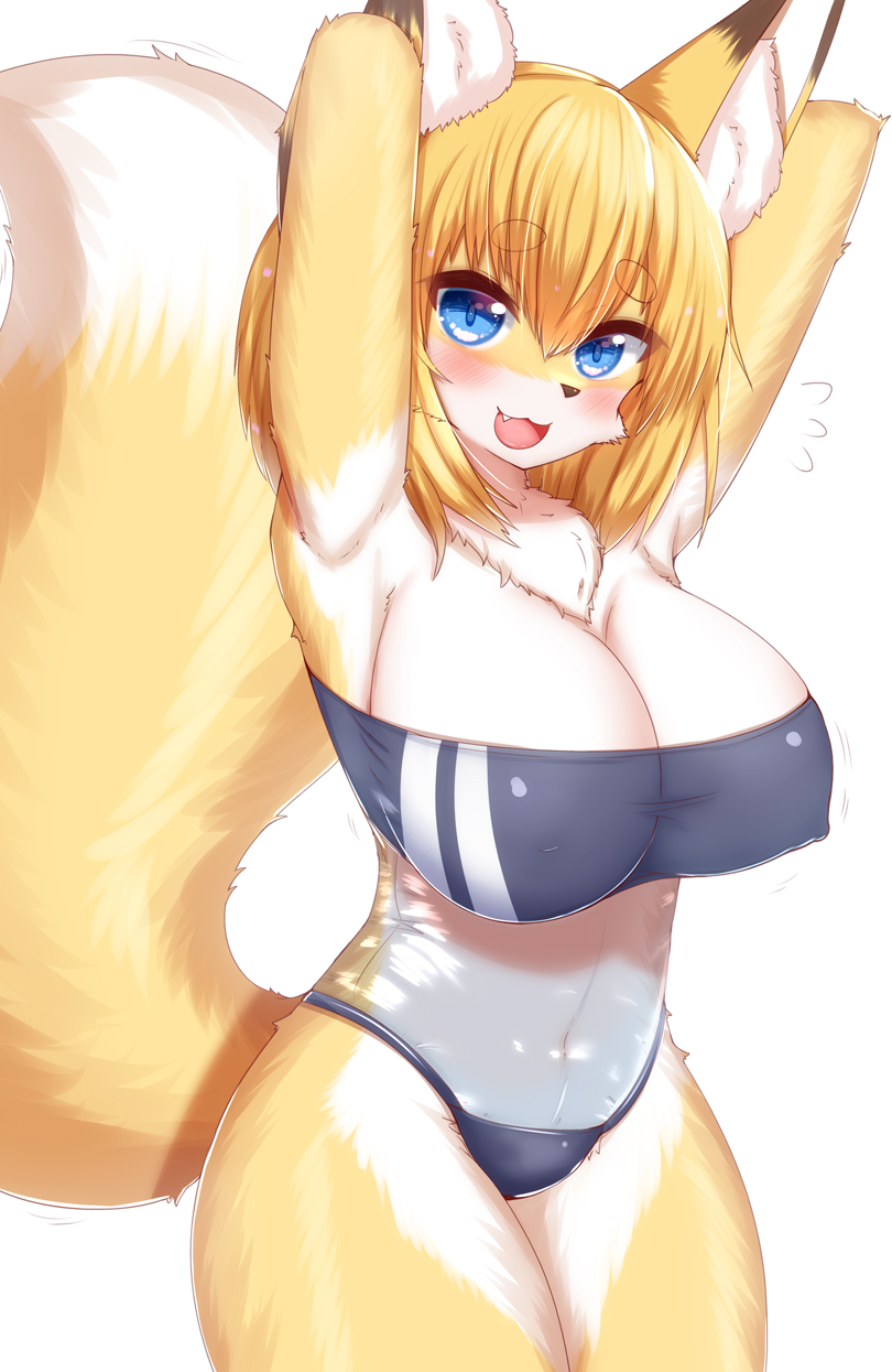 2022 anthro big_breasts blonde_hair blue_eyes blush bodily_fluids breasts brown_body brown_fur brown_nose canid canine cheek_tuft chest_tuft cleavage clothed clothing cute_fangs dipstick_ears dipstick_tail facial_tuft female fluffy fluffy_tail flying_sweatdrops fox fur gris_swimsuit hair hands_behind_head happy hi_res horokusa0519 huge_breasts inner_ear_fluff kemono looking_at_viewer mammal markings meme meme_clothing motion_lines multicolored_ears multicolored_tail navel nipple_outline one-piece_swimsuit open_mouth open_smile portrait simple_background smile smiling_at_viewer solo sweat sweatdrop swimwear tail_markings three-quarter_portrait tongue translated_description translucent translucent_clothing translucent_swimwear tuft white_background white_body white_fur yellow_body yellow_fur