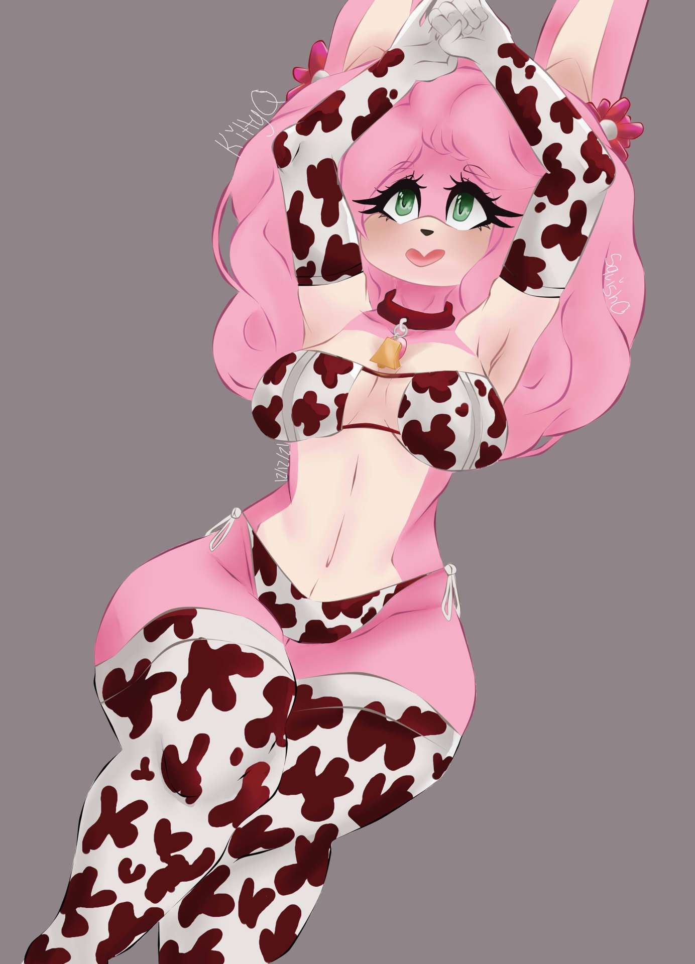 animal_print anthro armwear breasts clothing cow_print cowbell elbow_gloves fan_character female fur gloves green_eyes hair handwear hi_res kittyq lagomorph legwear leporid lingerie long_hair mammal medium_breasts panties pink_body pink_fur pink_hair puffy_hair rabbit sega solo sonic_the_hedgehog_(series) stockings underwear wide_hips