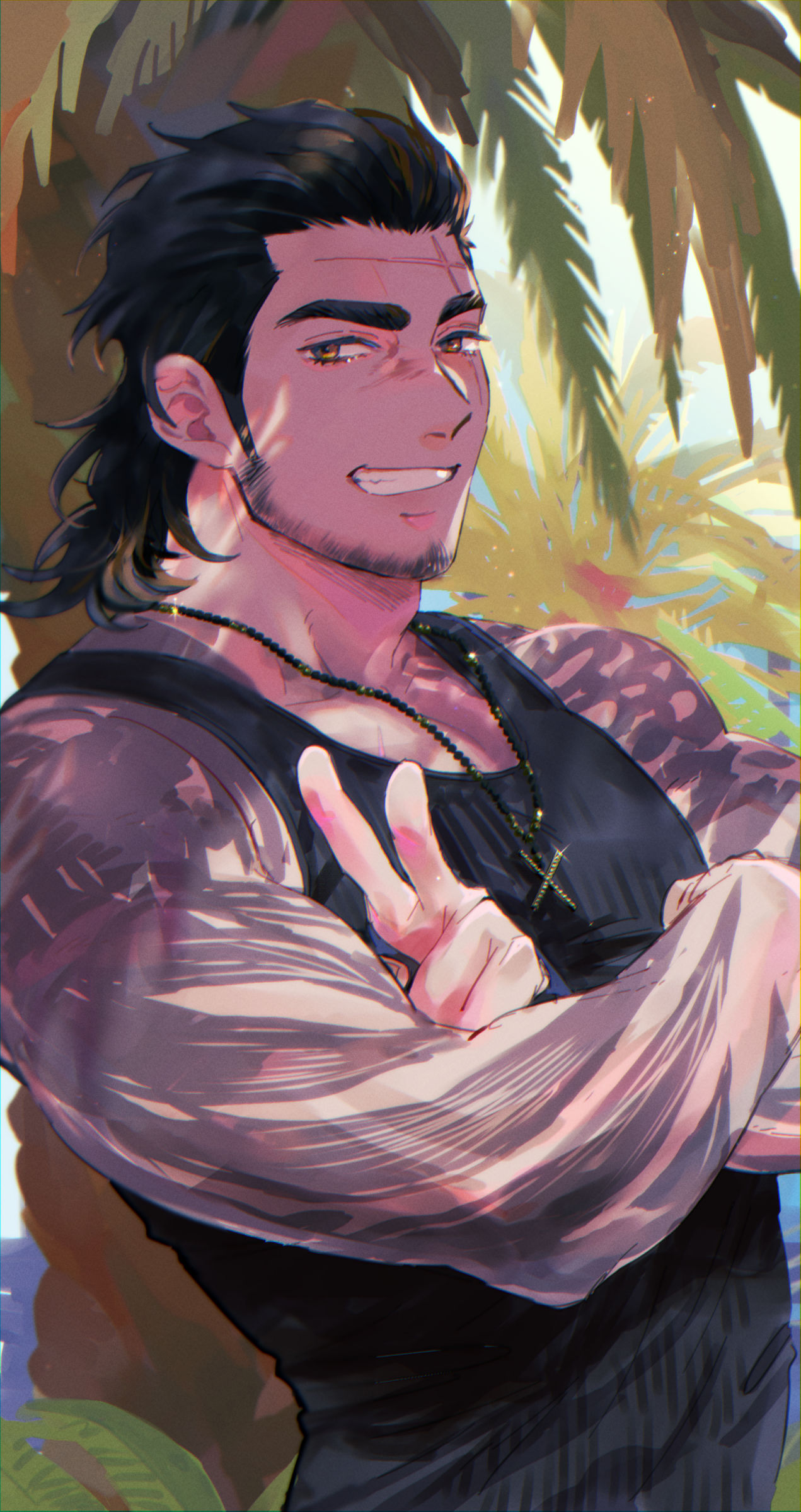 1boy absurdres bara bare_shoulders beard biceps black_hair black_tank_top cross cross_necklace crossed_arms facial_hair feet_out_of_frame final_fantasy final_fantasy_xv gladiolus_amicitia highres jewelry koro_mma male_focus mullet muscular muscular_male necklace scar scar_across_eye scar_on_face smile solo tank_top tattoo tattoo_sleve thick_eyebrows tree tree_shade upper_body v