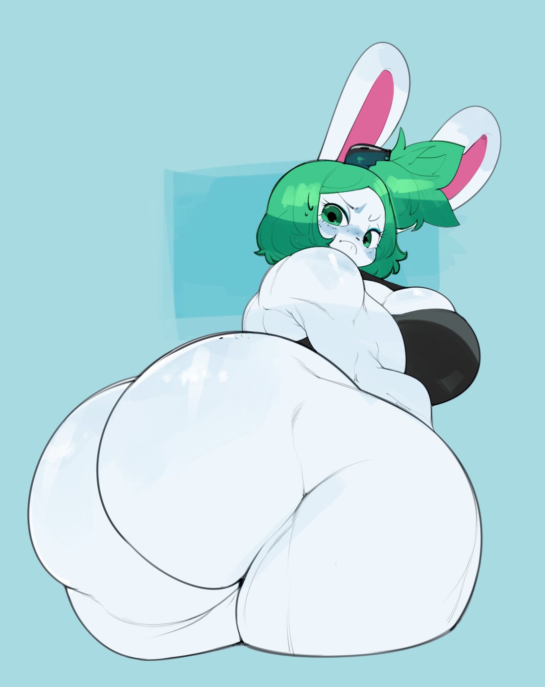 anthro big_breasts big_butt blush bottomless breasts bulumble-bee butt clothed clothing female green_hair hair hi_res huge_butt lagomorph leporid looking_back mammal rabbit solo