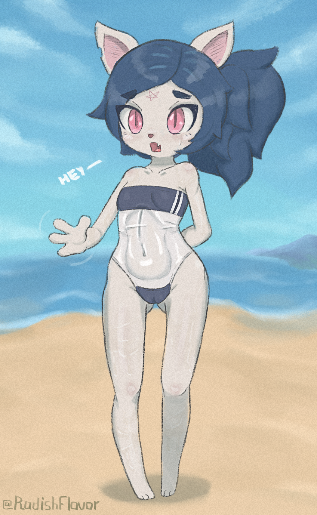 anthro artist_name beach belly blue_hair blush cartoon_hangover claire_(the_summoning) clothed clothing cloud cute_fangs day domestic_cat facial_markings felid feline felis female flat_chested forehead_markings gris_swimsuit hair head_markings hi_res mammal markings meme meme_clothing navel one-piece_swimsuit open_mouth outside partially_clothed pentagram pink_eyes radishflavor sand sea seaside sky solo standing swimwear text the_summoning translucent translucent_clothing translucent_swimwear water wet white_body