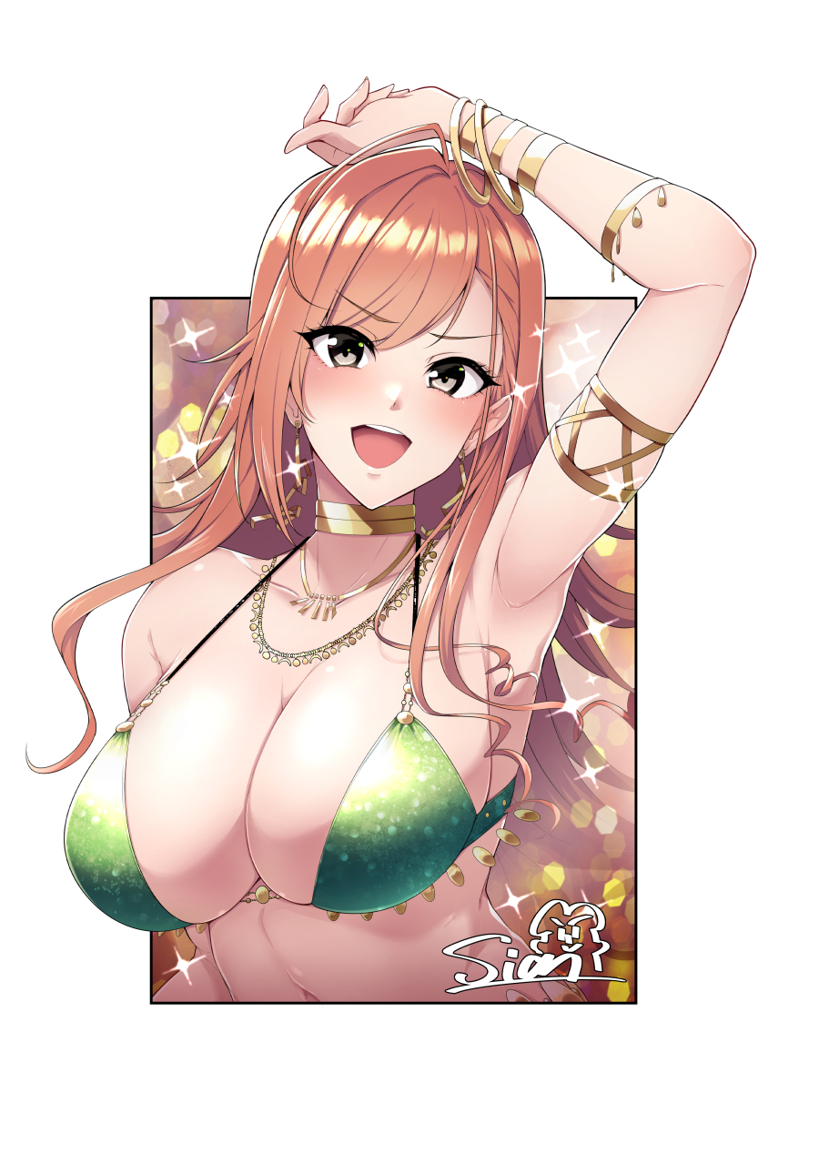 1girl arm_up armlet armpits artist_name bangs bare_shoulders bikini border bracelet breasts character_request cleavage copyright_request dangle_earrings earrings green_bikini halterneck highres jewelry large_breasts long_hair looking_at_viewer navel necklace open_mouth original sian swimsuit white_border