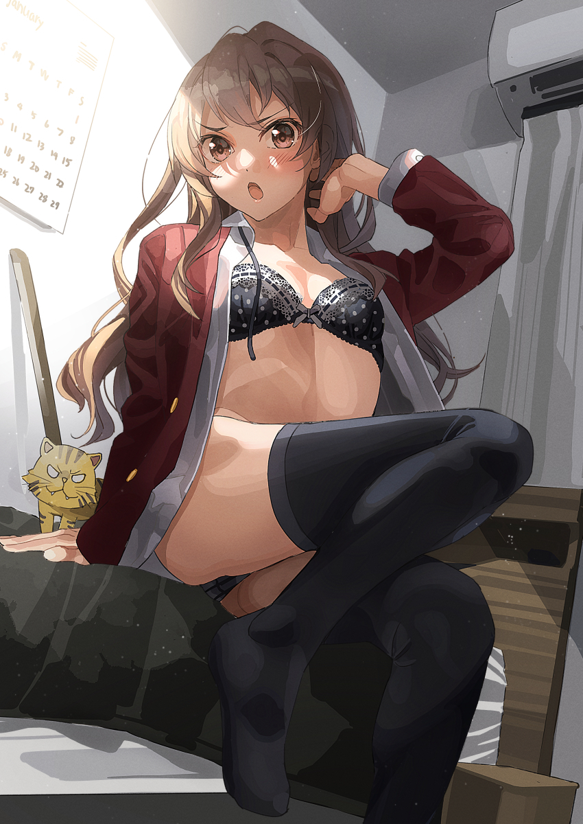 1girl aisaka_taiga black_bra black_legwear black_panties blush bra breasts brown_eyes brown_hair cleavage collarbone dress_shirt highres indoors jacket long_hair long_sleeves open_clothes open_jacket open_mouth open_shirt panties polka_dot polka_dot_bra red_jacket school_uniform shiny shiny_hair shirt sitting small_breasts solo straight_hair thighhighs tipii toradora! underwear very_long_hair white_shirt