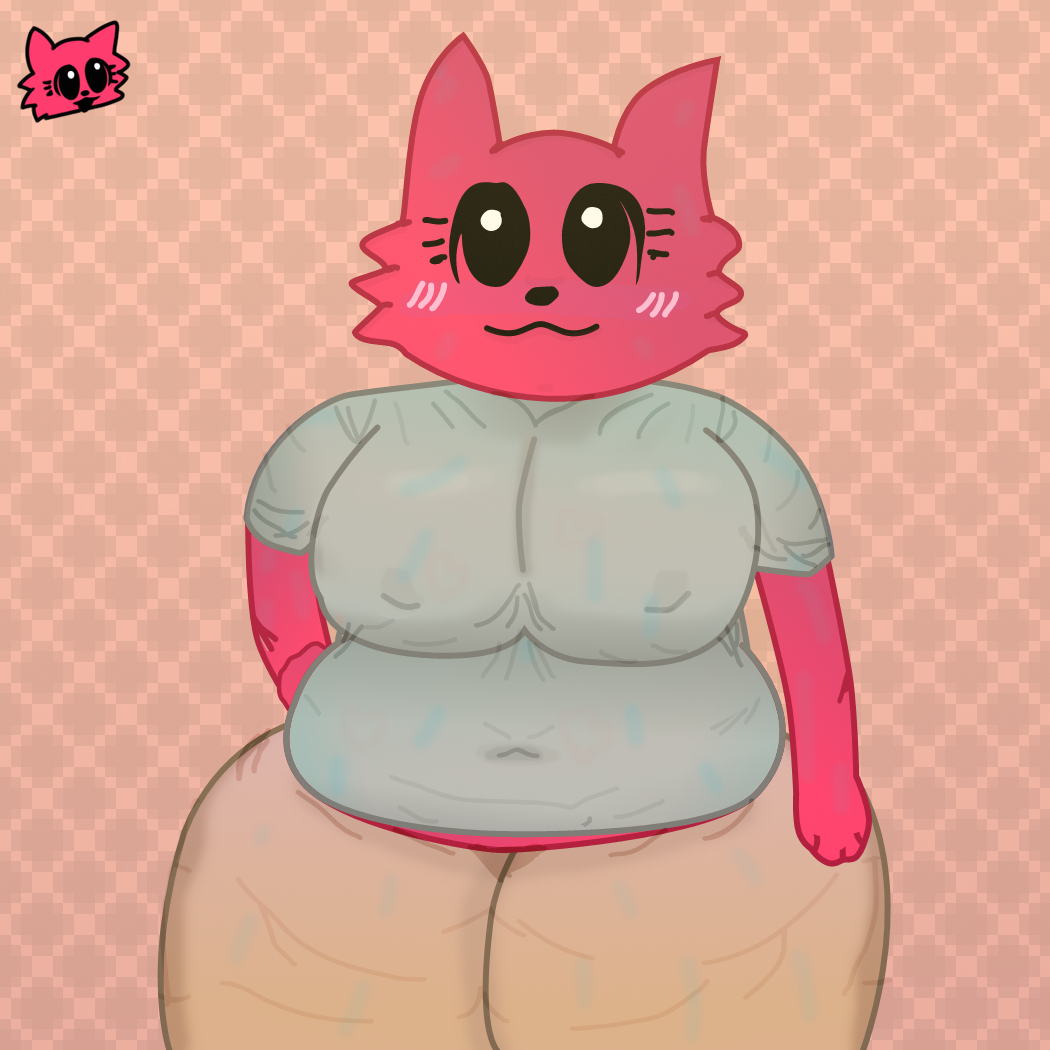 1:1 2022 alternate_form anthro belly belly_overhang big_breasts black_eyes blush bottomwear breasts clothed clothing crashfab cute_expression digital_media_(artwork) fan_character felid feline female friday_night_funkin' friday_night_funkin'_minus fur grey_clothing grey_shirt grey_topwear humanoid kia_(fnf) looking_away mammal overweight pants pink_body pink_fur pupils shirt solo solo_focus standing tan_bottomwear tan_clothing tan_pants thick_thighs topwear white_pupils