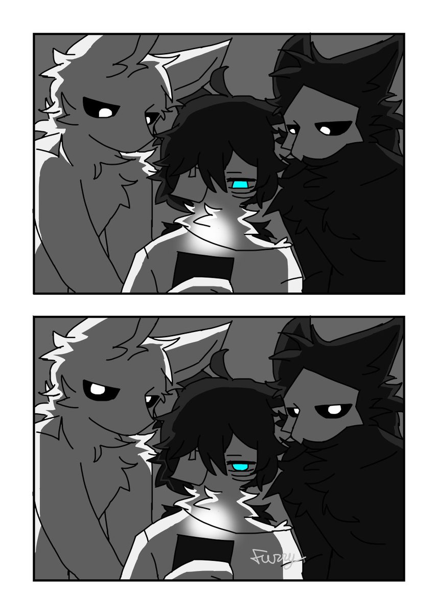 ambiguous_gender anthro black_body black_fur black_sclera blue_eyes border brown_hair canid canine canis changed_(video_game) fur fuzzy_night677 goo_creature grey_background group hair hi_res human lin_(changed) looking_at_viewer looking_down male mammal mask one_eye_obstructed phone simple_background the_wolf_king_(changed) white_body white_border white_eyes white_fur white_knight_(changed) wolf