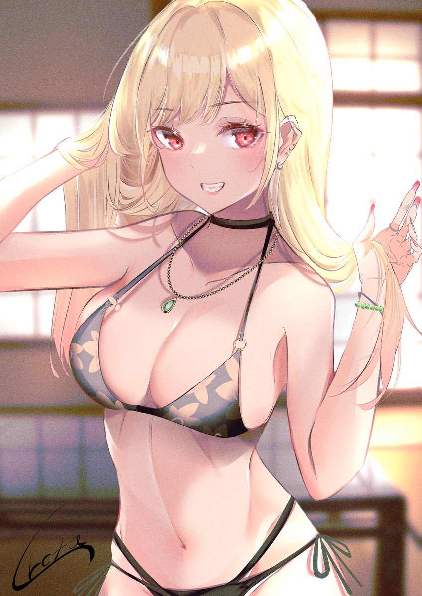 1girl bikini blonde_hair bracelet breasts cleavage ear_piercing earrings floral_print grin hand_in_hair indoors jewelry kitagawa_marin looking_at_viewer medium_breasts navel necklace piercing playing_with_own_hair red_eyes smile solo sono_bisque_doll_wa_koi_wo_suru swimsuit upper_body urotare