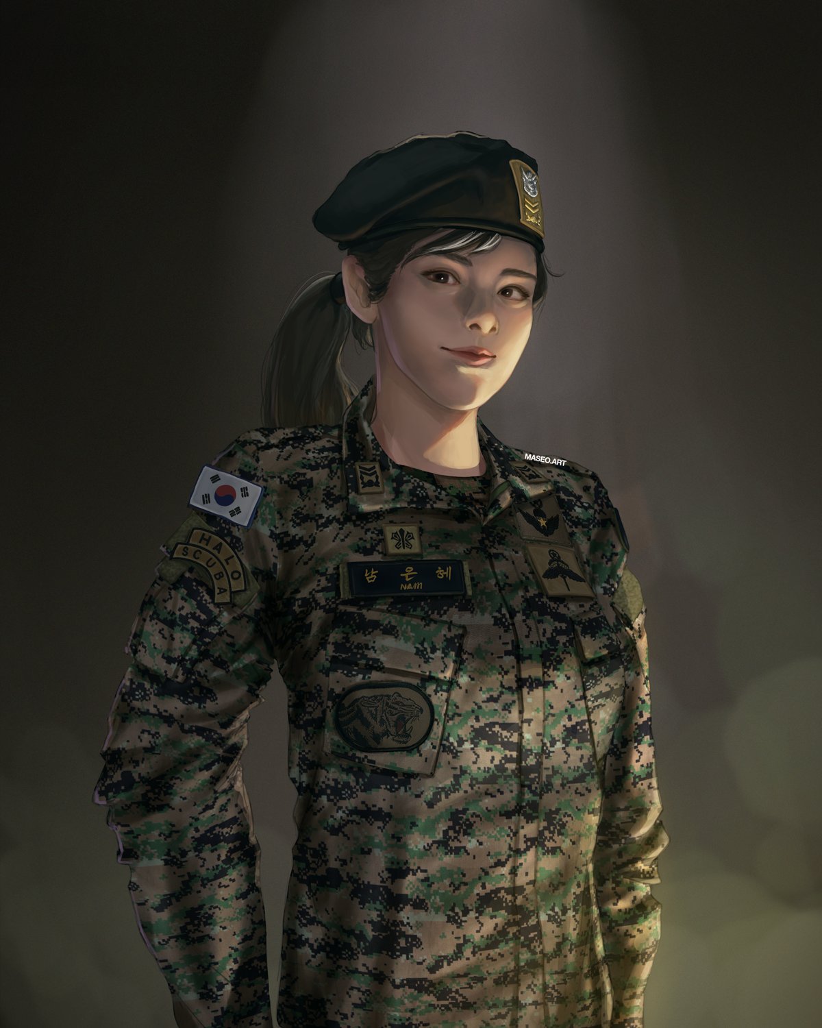 1girl beret black_hair camouflage dokkaebi_(rainbow_six_siege) glasses hat highres korean_text maseo military military_uniform multicolored_hair ponytail rainbow_six rainbow_six_siege republic_of_korea_army shoulder_patches signature south_korean_flag two-tone_hair uniform white_hair