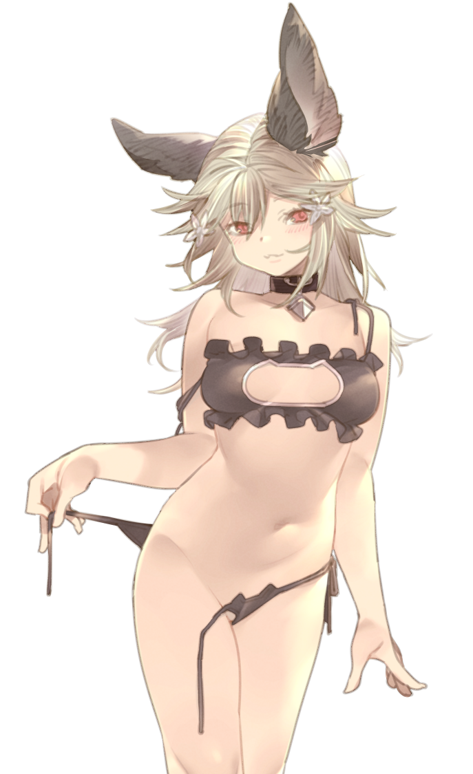 1girl animal_ears black_bra black_panties bra breasts brown_eyes cat_cutout cat_ear_panties cat_lingerie choker cleavage_cutout clothing_cutout erune frilled_bra frills granblue_fantasy grey_hair hair_between_eyes kochiya_(gothope) looking_at_viewer medium_breasts meme_attire navel panties sen_(granblue_fantasy) side-tie_panties solo underwear untied untied_panties white_background