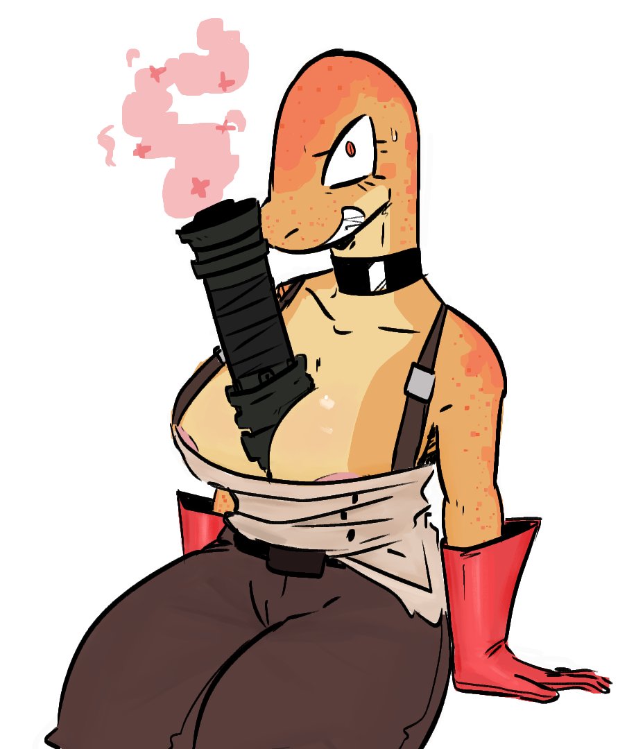 anthro bodily_fluids breasts cleavage clothed clothing collar female gloves goonie-san handwear medic_(team_fortress_2) nipple_slip reptile scalie snake solo sweat team_fortress_2 valve video_games