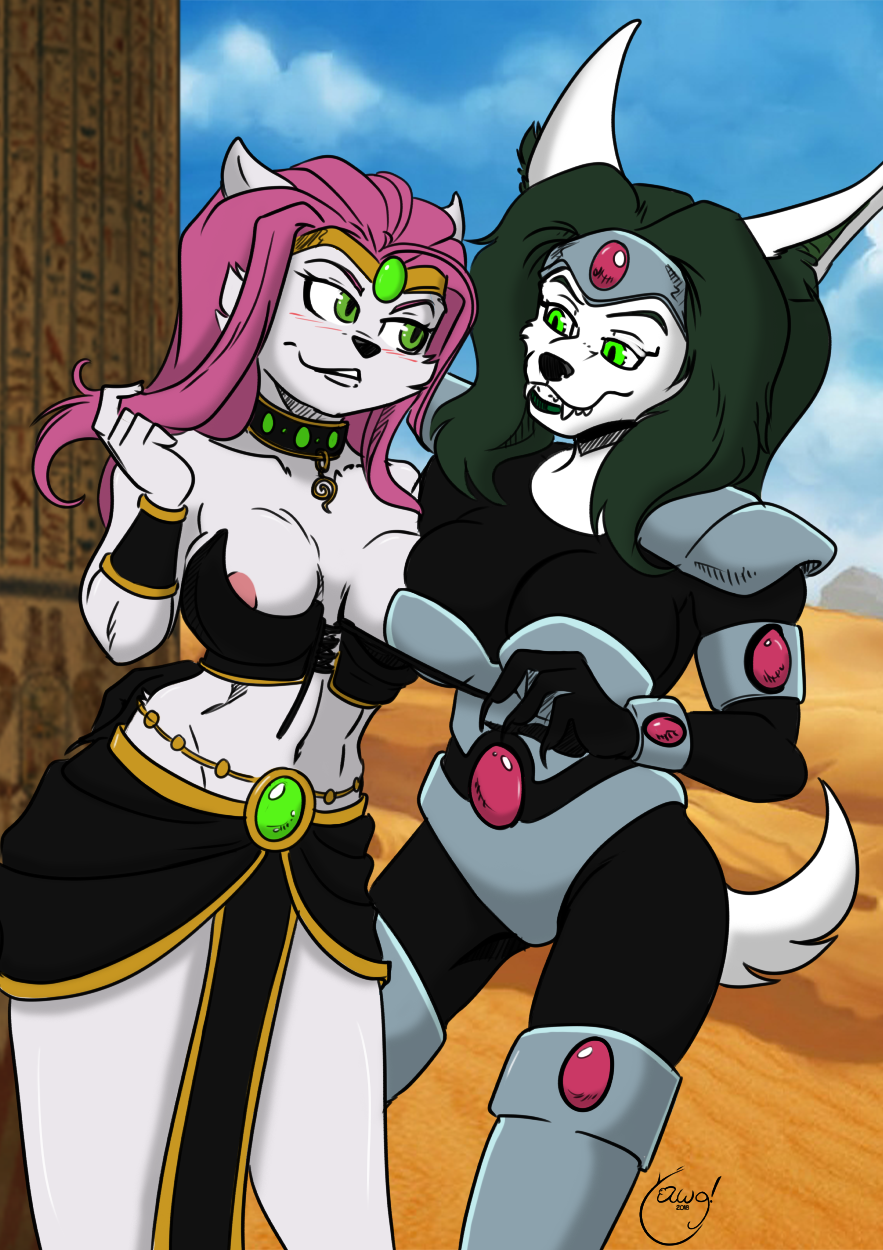 anthro anthro_on_anthro blush breasts bucky_o'hare_(series) canid canine canis clothed clothing colored detailed_background domestic_cat duo edit fangs felid feline felis female female/female fluffy fluffy_tail fur gem green_eyes green_hair hair hi_res jenny_(bucky_o'hare) mammal nepthys-ma'at nipples open_mouth open_smile pink_hair risenhentaidemon smile white_body white_fur wolf yawg