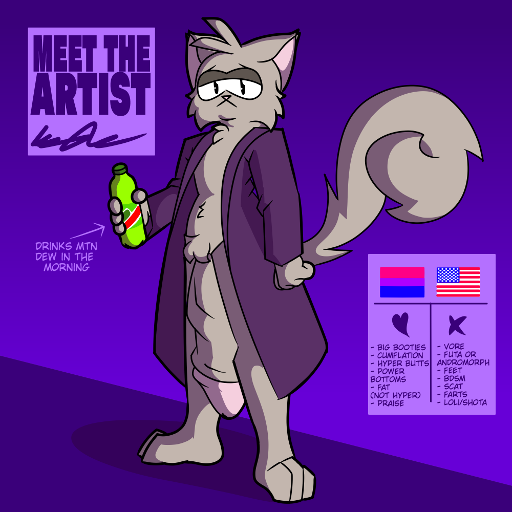 anthro big_eyes big_penis bisexual_pride_colors clothing domestic_cat felid feline felis fur fuzzy_tail genitals grey_body grey_fur head_tuft huge_penis hyper hyper_genitalia hyper_penis information_box kyle_(kylefrommicrosoft) kylefrommicrosoft lgbt_pride male mammal model_sheet mountain_dew penis pride_colors purple_clothing robe solo tuft us_flag