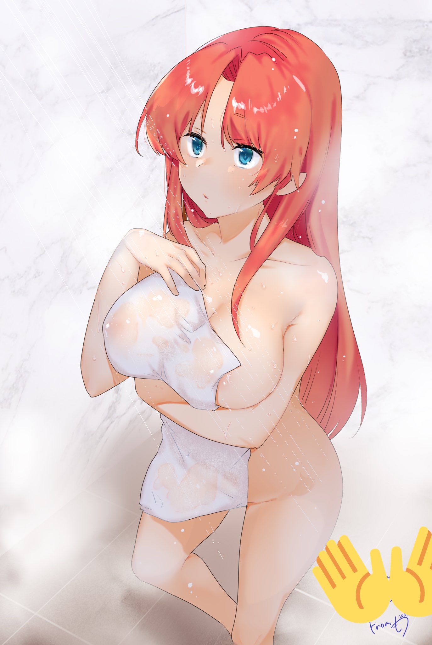 1girl areolae bangs bare_shoulders blue_eyes blush breasts clover_(lapis_lazure) collarbone commentary_request emoji_censor highres hong_meiling large_areolae large_breasts long_hair looking_to_the_side open_mouth parted_bangs red_hair see-through shiny shiny_hair sidelocks solo standing tile_floor tiles touhou towel