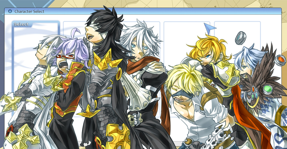 6+boys alternate_color argyle argyle_shirt armor assassin_cross_(ragnarok_online) azumi_on bangs belt black_cape black_coat black_hair black_pants black_shirt blacksmith_(ragnarok_online) blindfold blonde_hair blue_eyes blue_pants breastplate brown_belt brown_gloves cape chainmail character_select closed_eyes closed_mouth coat commentary_request cowboy_shot cross eyepatch fur_collar gauntlets glasses gloves grey_eyes hair_between_eyes leg_armor light_blue_hair light_purple_hair long_hair long_sleeves looking_at_another looking_back looking_to_the_side lord_knight_(ragnarok_online) male_focus multiple_boys open_clothes open_mouth open_shirt orange_hair pants pauldrons priest_(ragnarok_online) ragnarok_online red-framed_eyewear red_cape red_coat red_eyes red_scarf rune_knight_(ragnarok_online) scarf shirt short_hair short_sleeves shoulder_armor skull smile sorcerer_(ragnarok_online) spiked_pauldrons two-tone_coat unbuttoned unbuttoned_shirt vambraces waist_cape white_cape white_hair white_shirt
