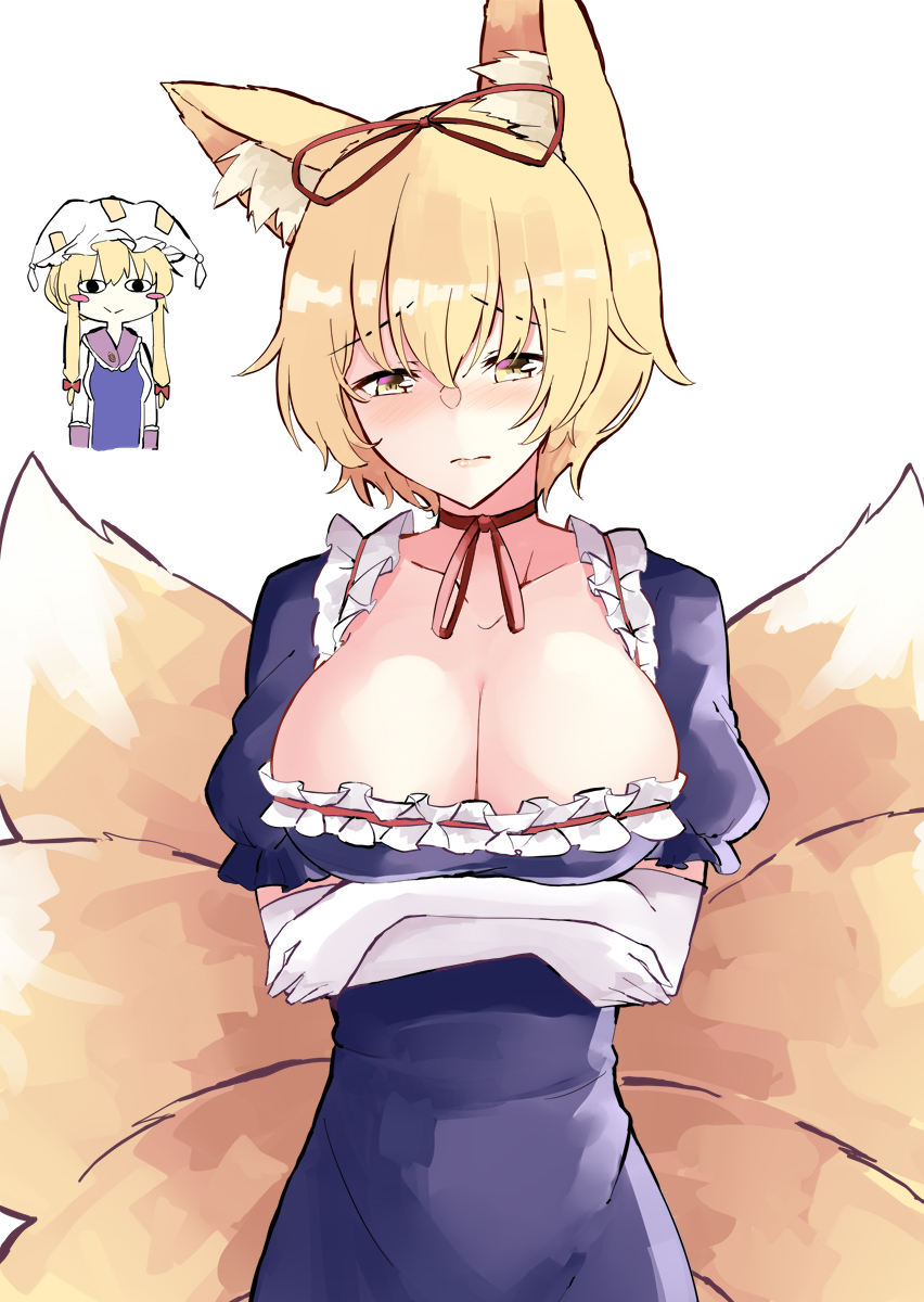 2girls animal_ears arms_under_breasts blonde_hair blue_tabard blush blush_stickers breasts cleavage commentary_request cosplay costume_switch deetamu dress elbow_gloves embarrassed fox_ears fox_girl fox_tail frilled_dress frills gloves hair_ribbon highres kitsune large_breasts long_hair looking_at_another looking_at_viewer medium_hair multiple_girls multiple_tails purple_dress red_ribbon ribbon smile solo_focus tail touhou white_gloves yakumo_ran yakumo_ran_(cosplay) yakumo_yukari yakumo_yukari_(cosplay) yellow_eyes