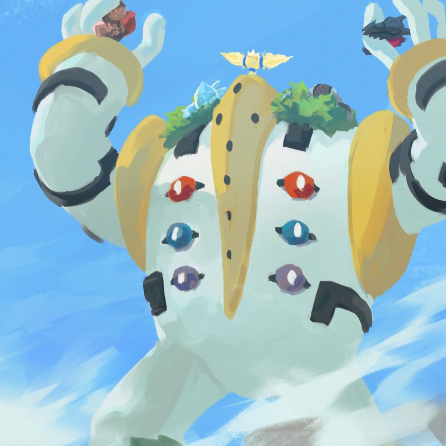 blue_eyes commentary day giant go-lurk holding holding_pokemon moss nibbling outdoors pokemon pokemon_(creature) purple_eyes red_eyes regice regidrago regieleki regigigas regirock registeel sky standing