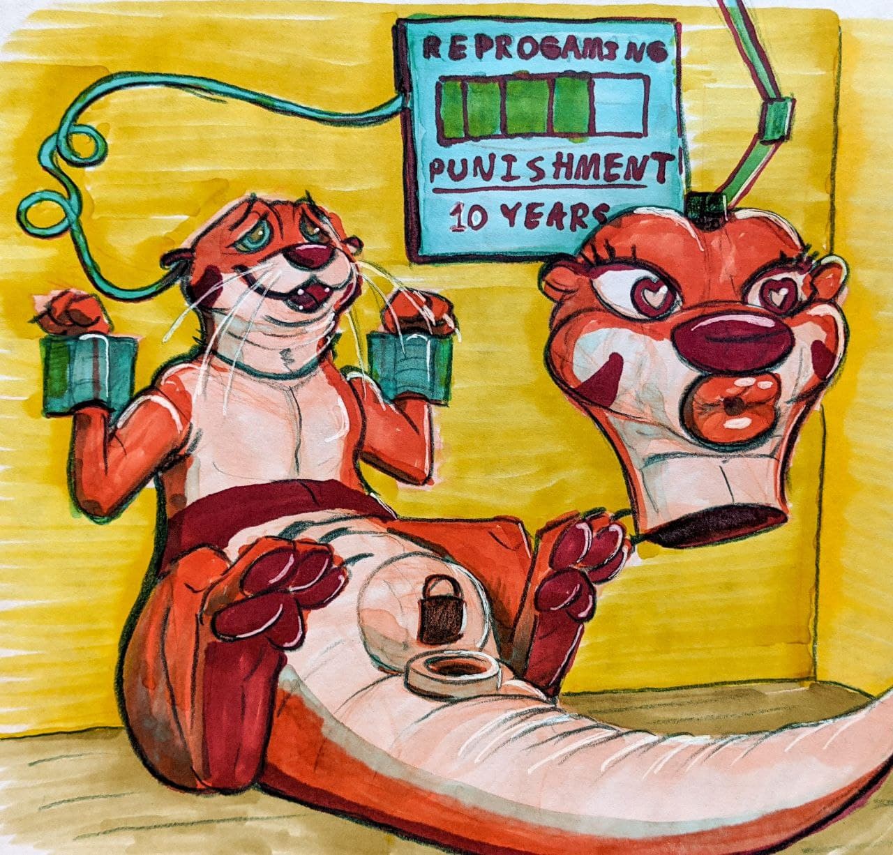 &lt;3 &lt;3_eyes &lt;3_pupils 3_toes anthro bulge digital_drawing_(artwork) digital_media_(artwork) english_text feet forced forced_transformation hi_res hypnosis layered_heart layered_heart_eyes living_sex_toy lock lock_bulge lutrine male mammal mask mind_control mustelid null_bulge padlock padlock_symbol punishment restrained_to_wall restraints sex_toy sex_toy_transformation suit_transformation sushiotter_(artist) tako_(character) text toes transformation