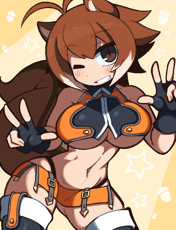 animal_humanoid average-hanzo blazblue breasts clothing double_v_sign female gesture grin humanoid legwear looking_at_viewer makoto_nanaya mammal mammal_humanoid not_furry one_eye_closed rodent rodent_humanoid sciurid sciurid_humanoid smile solo squirrel_humanoid thigh_highs thong_straps under_boob v_sign video_games wink