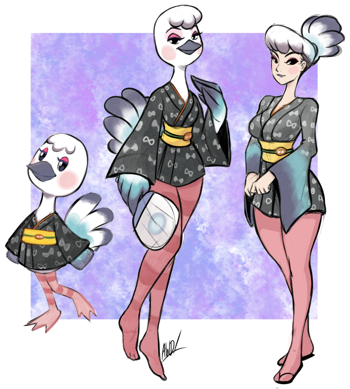 2020 alternate_species animal_crossing anthro asian_clothing avian avoid_posting bird blanche_(animal_crossing) breasts clothing east_asian_clothing feathers female footwear group holding_object human humanized japanese_clothing kimono long_legs looking_at_viewer makeup mammal narrowed_eyes nintendo ostrich ratite sandals semi-anthro simple_background smile standing tail_feathers themadcatter uchiwa_fan video_games white_body white_feathers wings
