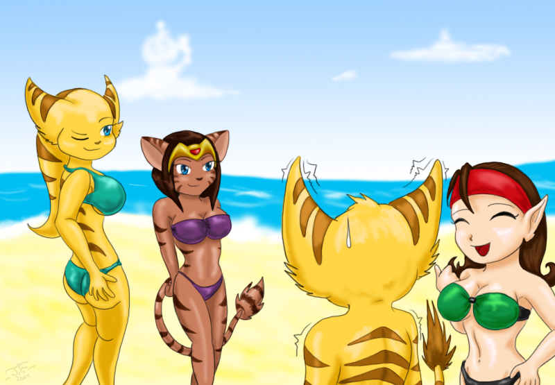 2014 angela_cross anthro beach bikini blue_eyes bodily_fluids breasts brown_body brown_fur brown_hair butt cazar_(ratchet_and_clank) clothed clothing female fur group hair humanoid lombax male mammal markazian midriff nyarengadget one_eye_closed outside ratchet ratchet_and_clank sasha_phyronix seaside sony_corporation sony_interactive_entertainment striped_body striped_fur stripes sweat sweatdrop swimwear tail_tuft talwyn_apogee tuft video_games wink yellow_body yellow_fur