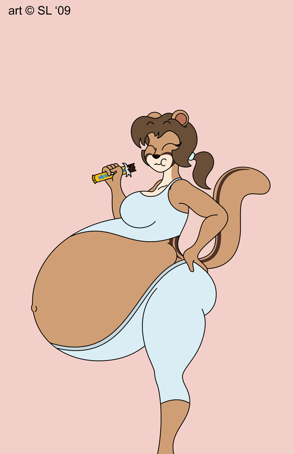 2009 anthro belly big_belly big_breasts bottomwear breasts brown_hair candy candy_bar chipmunk chocolate chocolate_bar clothing dessert digital_media_(artwork) eyes_closed female food ground_squirrel hair hyper hyper_belly mammal navel outie_navel pants ponytail pregnant rodent satsumalord sciurid simple_background solo terry_(satsumalord) topwear