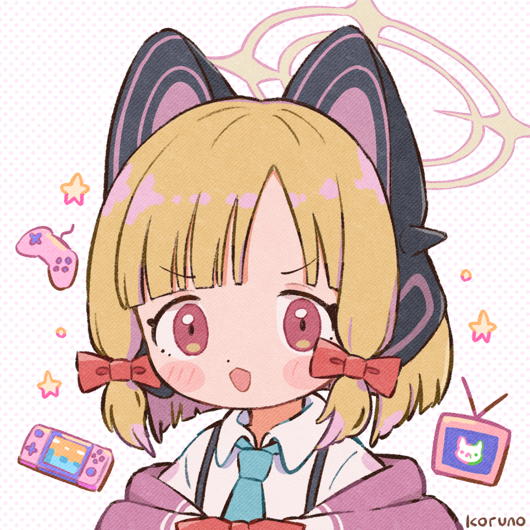 1girl :d animal_ear_headphones animal_ears bangs blonde_hair blue_archive blush_stickers bow collared_shirt eyebrows_visible_through_hair fake_animal_ears hair_bow halo jacket koru_koruno looking_at_viewer momoi_(blue_archive) off_shoulder polka_dot polka_dot_background red_bow red_eyes shirt signature smile solo suspenders upper_body v-shaped_eyebrows white_background white_shirt