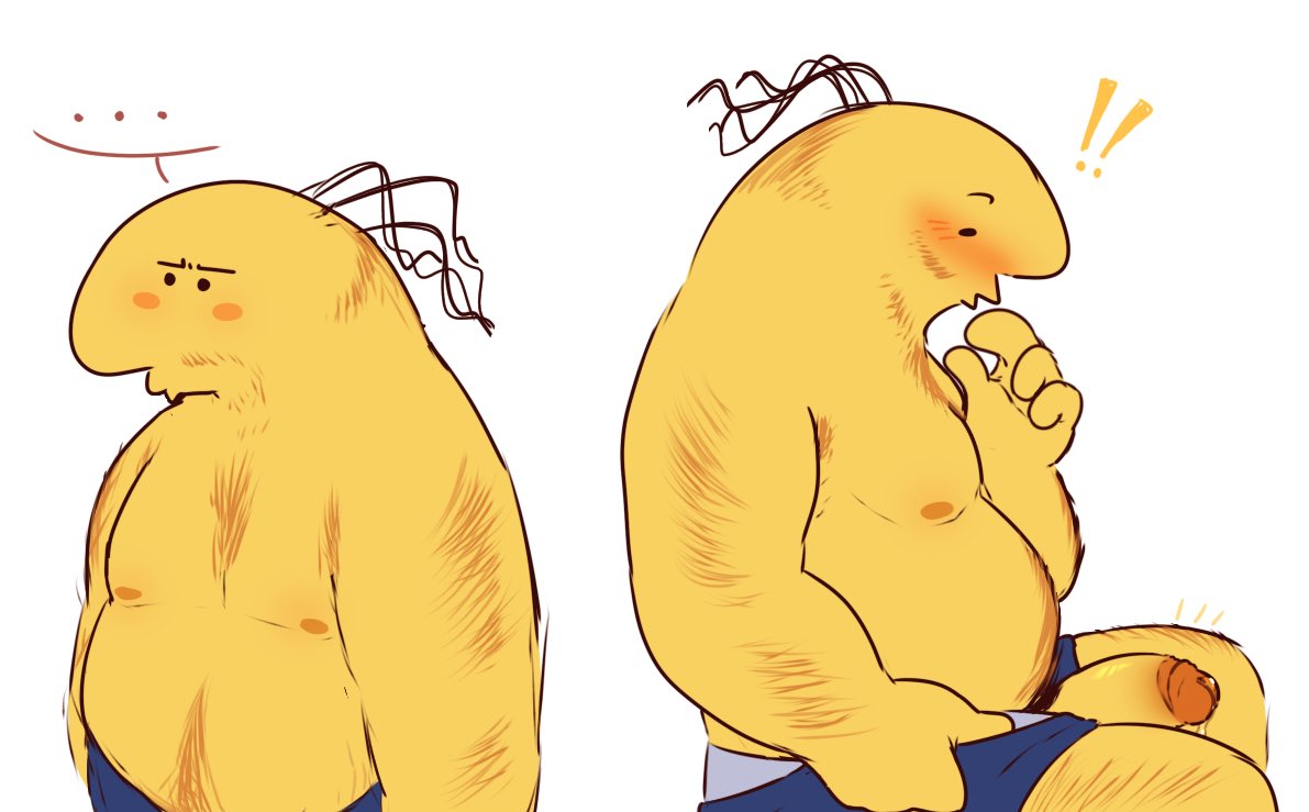 balding blush charlie_(smiling_friends) dokuseibechi erection genitals humanoid male nipples penis simple_background slightly_chubby smiling_friends solo yellow_body yellow_skin