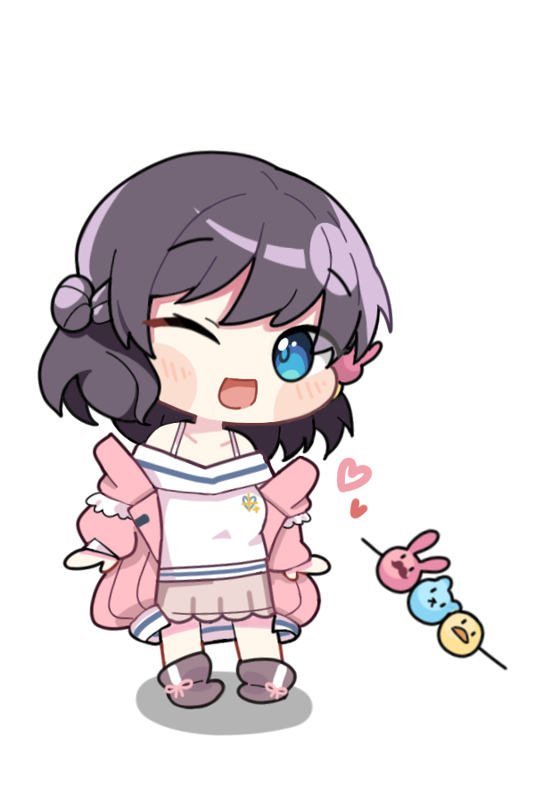 1girl bangs beige_skirt black_hair blue_eyes blush braid collarbone crown_braid dango food heart jacket nijisanji nijisanji_kr off-shoulder_shirt off_shoulder one_eye_closed open_mouth pink_jacket ryuryuyangyang shirt short_hair smile solo song_mia virtual_youtuber wagashi white_shirt