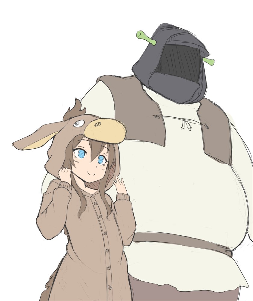 1boy 1girl amiya_(arknights) animal_ears arknights blue_eyes brown_sash brown_vest closed_mouth commentary cosplay doctor_(arknights) doctor_(arknights)_(cosplay) donkey_(shrek)_(coslay) ears_through_headwear english_commentary hands_up height_difference hood hood_up jalm long_sleeves shrek shrek_(series) simple_background smile standing vest white_background