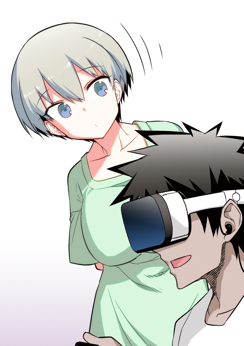 1boy 1girl :d arms_behind_back black_hair blue_eyes breasts eyebrows_visible_through_hair green_shirt grey_hair hair_between_eyes hitotose_rin large_breasts leaning_to_the_side looking_at_another motion_lines open_mouth pout sakurai_shinichi shirt short_hair short_sleeves sideways_mouth simple_background smile spiked_hair uzaki-chan_wa_asobitai! uzaki_hana vr_visor white_background