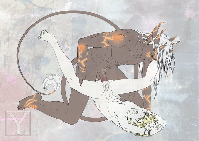 2boys abs anal blond bondage demon horns male nude open_mouth original penis restrained sex spread_legs tail tied uncensored white_hair yanagoya yaoi