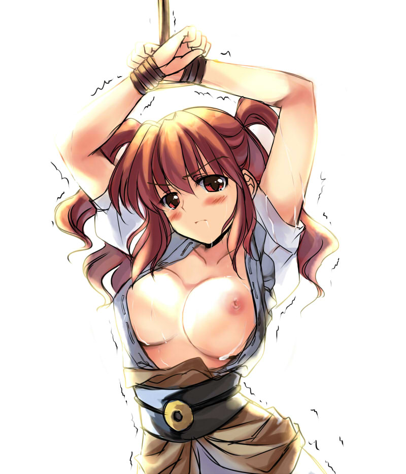 arms_up bdsm blush bondage bound breasts breasts_apart hair_bobbles hair_ornament large_breasts nipples onozuka_komachi open_clothes red_eyes red_hair rei_(rei's_room) saliva short_hair solo sweat tears touhou two_side_up