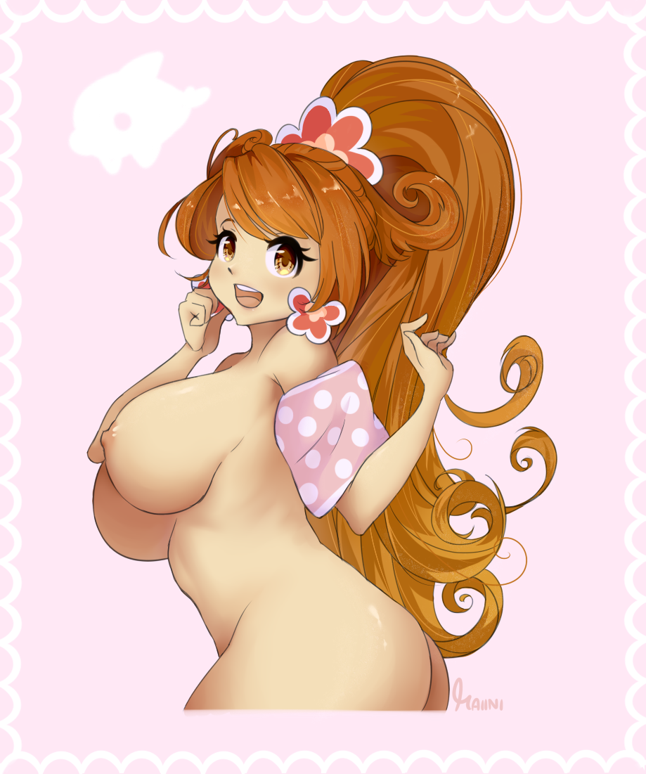 1girl ass blush breasts dolphin_print floral_print hip_focus kai_(nyanko_daisensou) large_breasts maiini nyanko_daisensou orange_eyes orange_hair pink_background ponytail sideboob smile white_polka_dots wristband