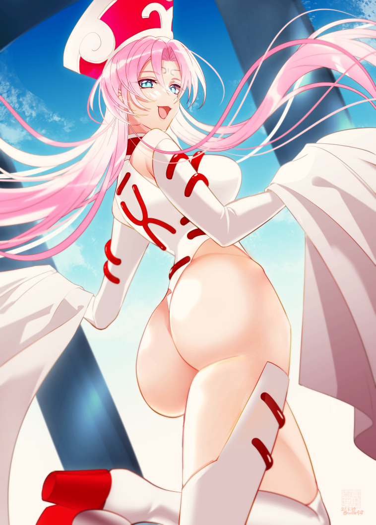 ass blue_eyes blue_sky boots cowboy_shot day facial_mark hat houshin_engi leotard long_hair long_sleeves looking_at_viewer looking_back maha open_mouth out_of_frame pink_hair sky so_dakki solo thigh_boots thighhighs white_footwear white_leotard