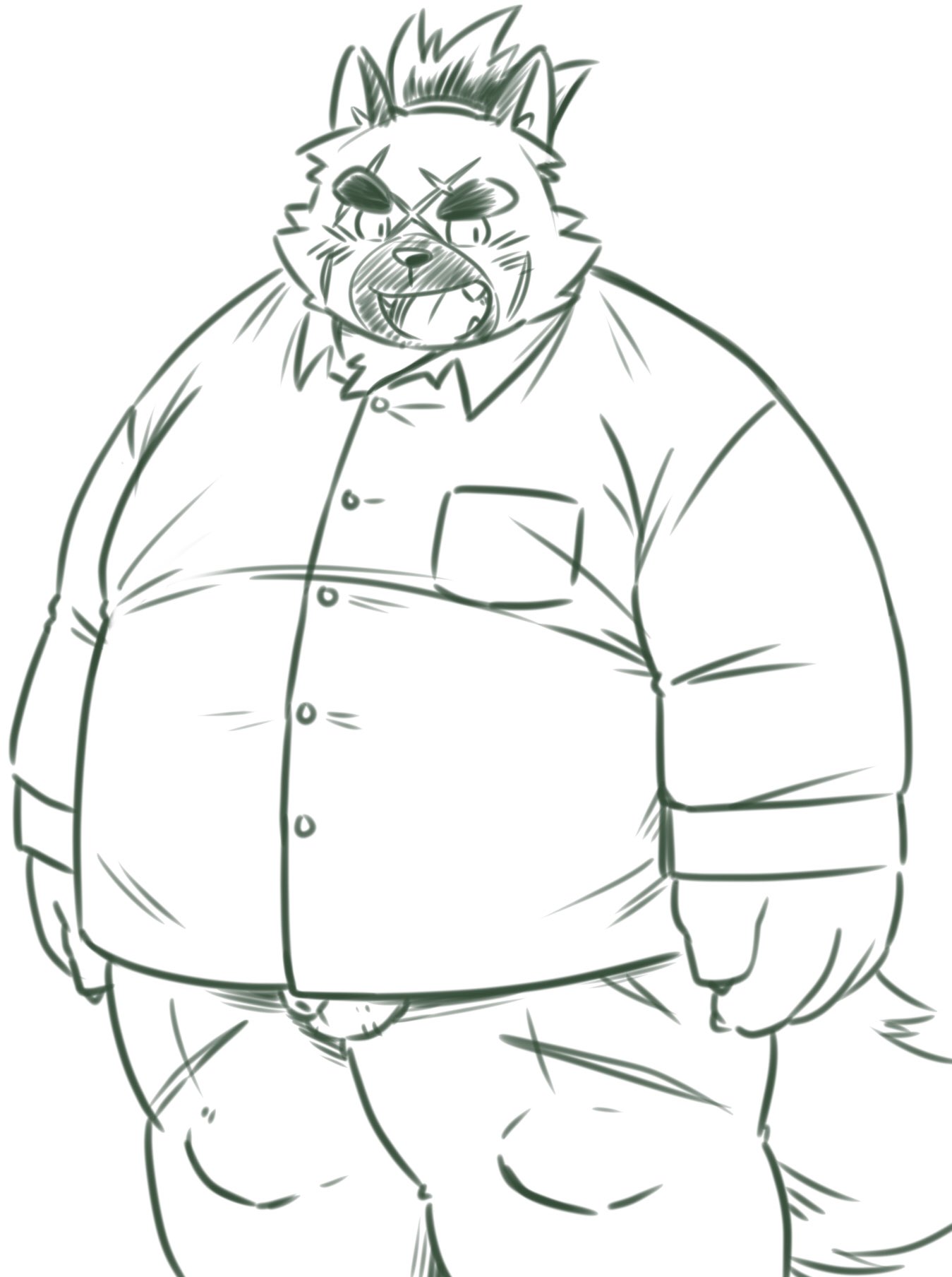 2022 anthro balls canid canine canis clothing domestic_dog flaccid genitals hi_res humanoid_genitalia humanoid_hands humanoid_penis kemono lifewonders male mammal mind_drive mizuse_higomaru overweight overweight_male penis scar shirt simple_background solo tokyo_afterschool_summoners topwear video_games white_background yasuyori