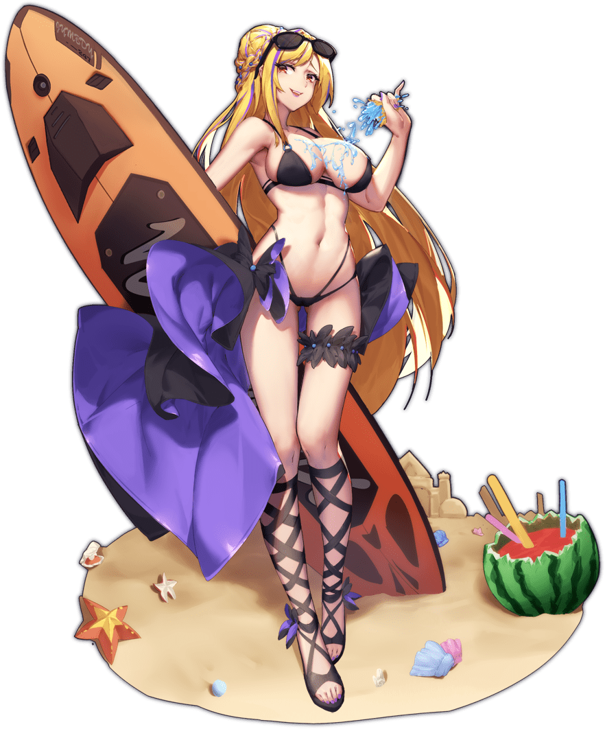1girl :d ankle_bow ark_order artist_request bangs bikini black_footwear blonde_hair bow braid braided_bun breasts drinking_straw eyewear_on_head faux_figurine food fruit full_body gladiator_sandals hair_bun hera_(ark_order) highleg highleg_bikini holding holding_surfboard large_breasts long_hair looking_at_viewer multicolored_hair nail_polish official_art purple_bow purple_nails red_eyes sand sand_castle sand_sculpture sandals shell sidelocks smile solo squeezing standing starfish streaked_hair string_bikini sunglasses surfboard swimsuit thong_bikini toenail_polish toenails very_long_hair watermelon