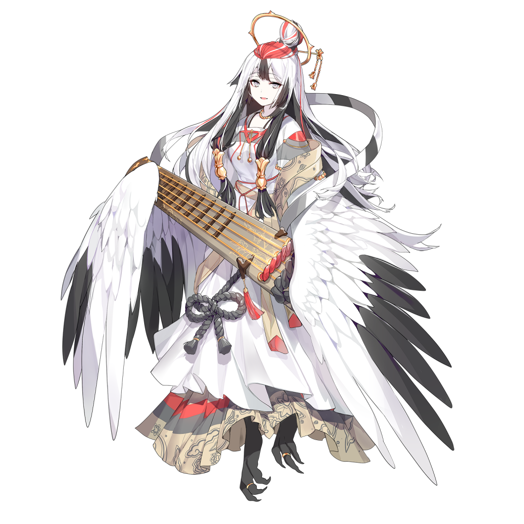 1girl artist_request black_hair black_wings clover_theater dress eyebrows_visible_through_hair feathered_wings feathers full_body grey_eyes hair_bun hair_ornament hair_tubes hairpin harpy holding holding_instrument instrument japanese_clothes jewelry koto_(instrument) long_hair monster_girl multicolored_hair official_art open_mouth satsuki_(clover_theater) sidelocks solo talons toe_ring transparent_background two-tone_hair two-tone_wings white_hair white_wings winged_arms wings