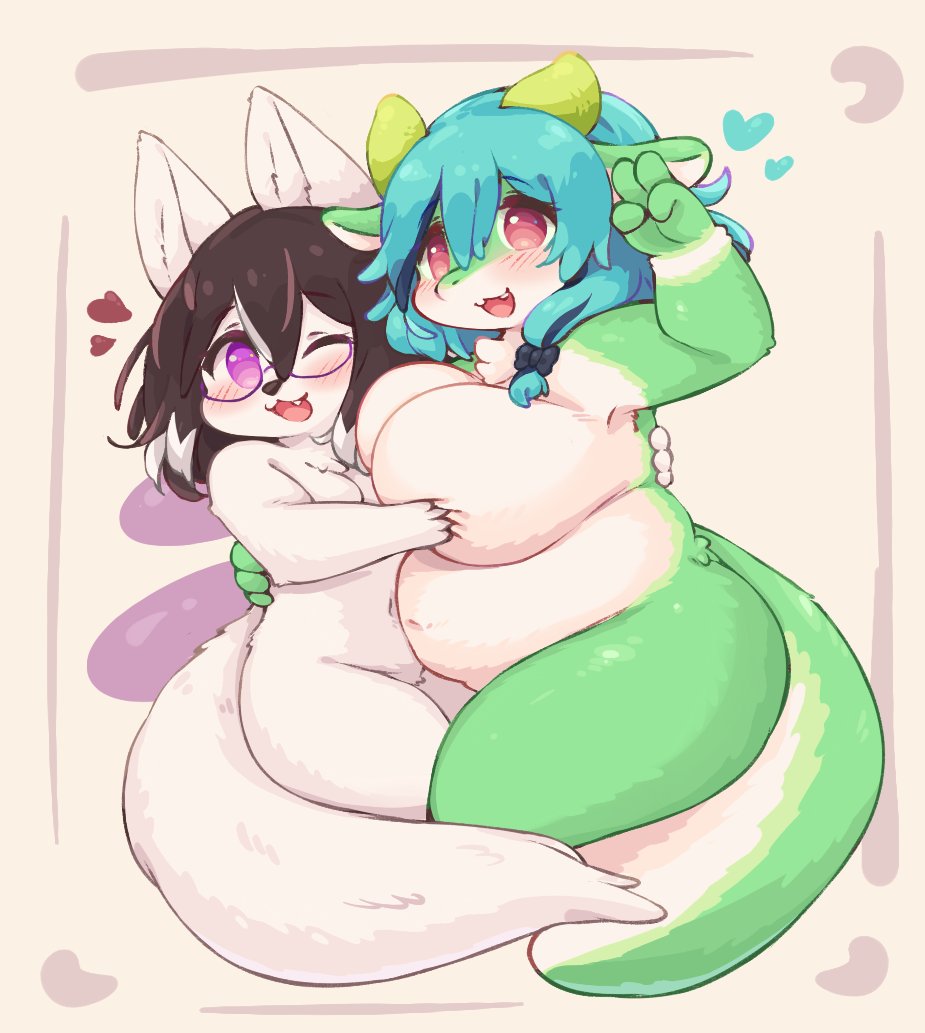 &lt;3 anthro blush breasts duo eigetsu embrace eyewear female female/female glasses hug lusyue overweight