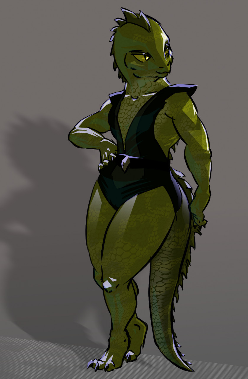 alien anthro clothing female filmation flash_gordon greenpolygon hi_res krita_(program) leaning lizard lizardfolk pinup pose reptile scales scalie shadow solo swimwear thick_thighs