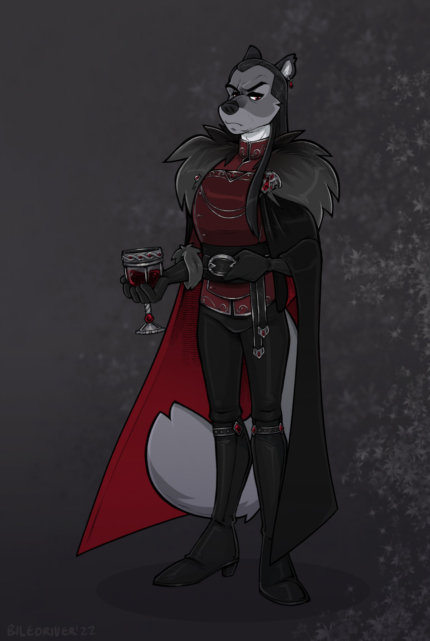 anthro black_hair boots cadaverrdog canid canine canis cape clothing container cup dragoslav_berezovsky ear_piercing ear_ring footwear goblet hair hi_res leather leather_boots leather_clothing leather_footwear long_hair male mammal medieval medieval_clothing piercing solo vampire wolf