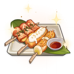 artist_request bacon bowl commentary egg_(food) english_commentary food food_focus genshin_impact ketchup leaf lowres meat no_humans official_art plate skewer sparkle still_life third-party_source transparent_background