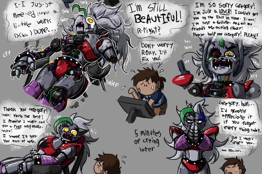 anthro bodily_fluids bracelet broken canid canine canis collar dialogue duo female five_nights_at_freddy's five_nights_at_freddy's:_security_breach fixing green_hair gregory_(fnaf) grey_hair hair human jewelry male mammal roxanne_wolf_(fnaf) scottgames spiked_bracelet spiked_collar spikes sweat sweatdrop tears unknown_artist video_games wolf yellow_eyes