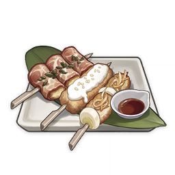 artist_request bacon bowl commentary egg_(food) english_commentary food food_focus genshin_impact ketchup leaf lowres meat muted_color no_humans official_art plate skewer still_life third-party_source transparent_background