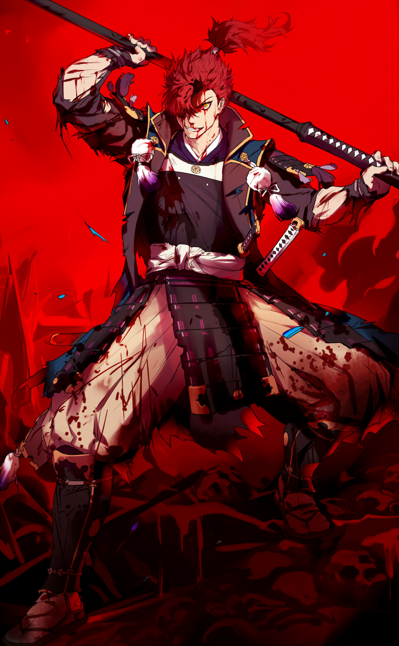 1boy armor bleeding blood blood_on_clothes blood_on_face changye fate/grand_order fate_(series) hair_over_one_eye highres injury japanese_armor jinbaori kusazuri long_hair mori_nagayoshi_(fate) polearm ponytail red_hair sharp_teeth solo spear teeth torn_clothes weapon yellow_eyes